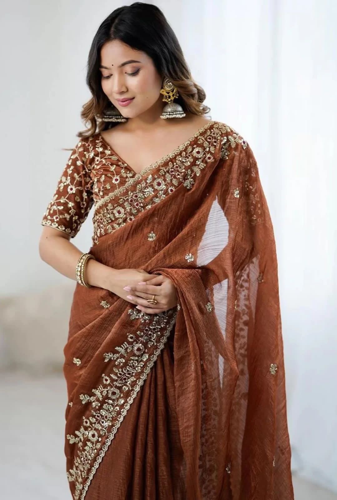 Rust Bloom Hand-Embroidered Organza Saree
