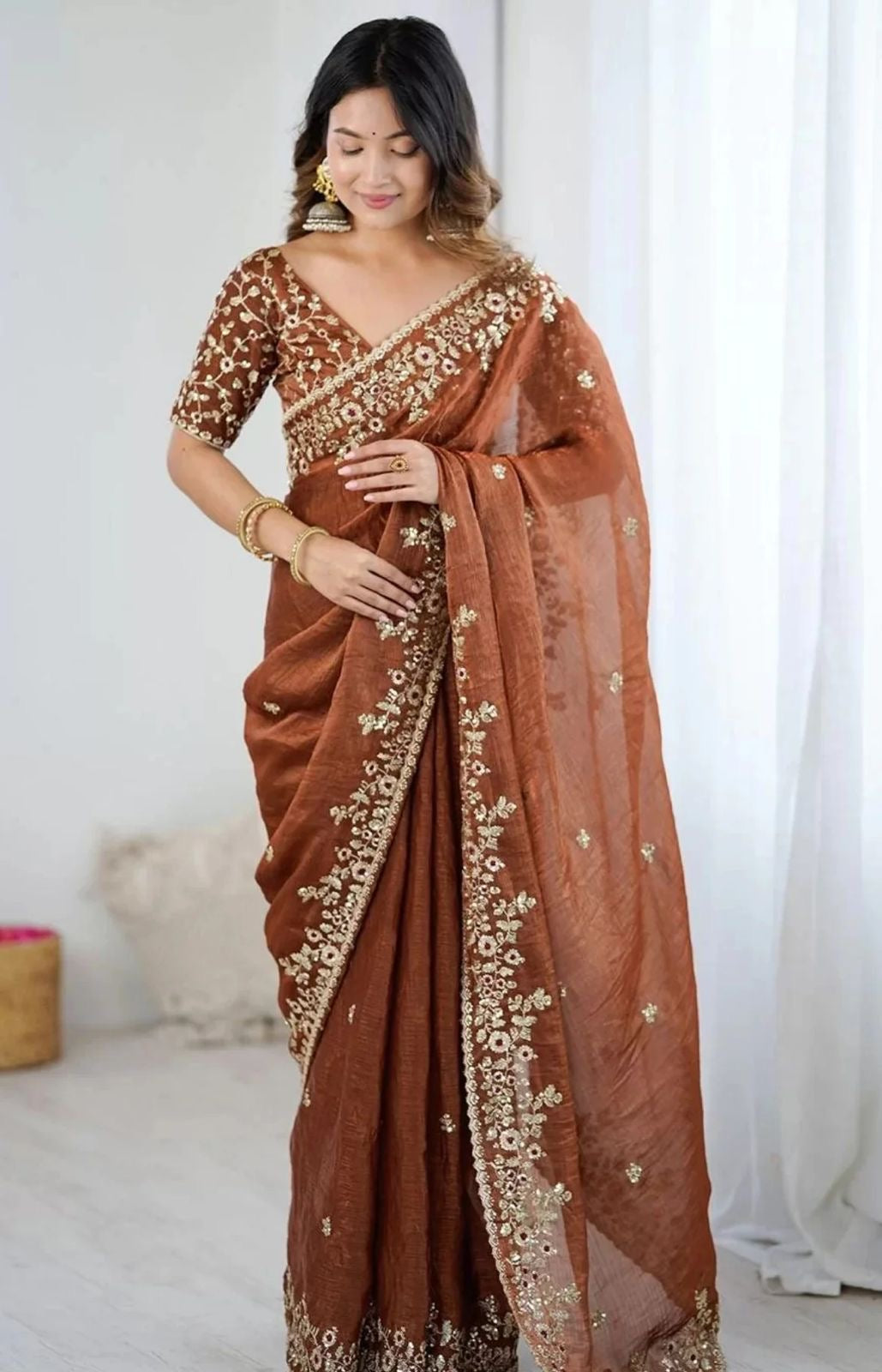 Rust Bloom Hand-Embroidered Organza Saree