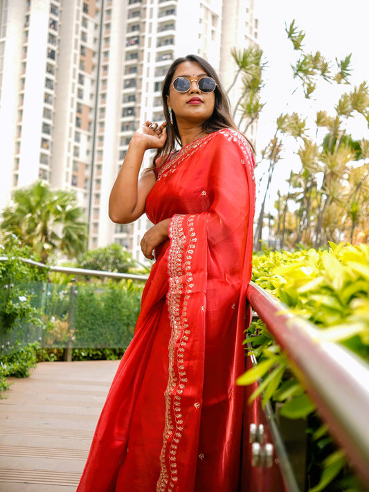 Red soft silk tissue with embroidered blouse