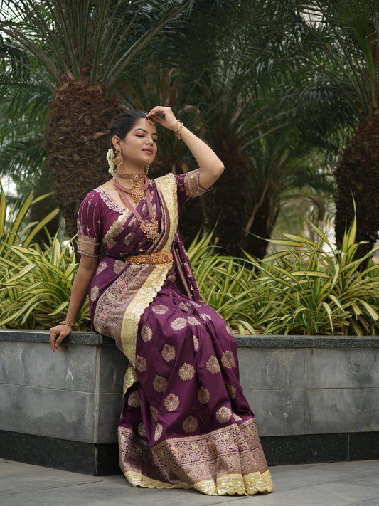 purple banarasi silk saree with embroidery work boarder