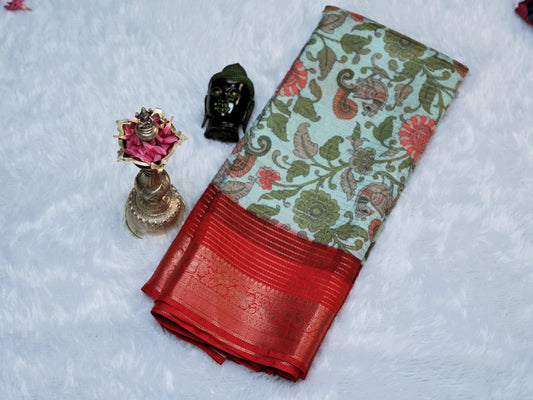 semi crepe in fog green and red combination saree