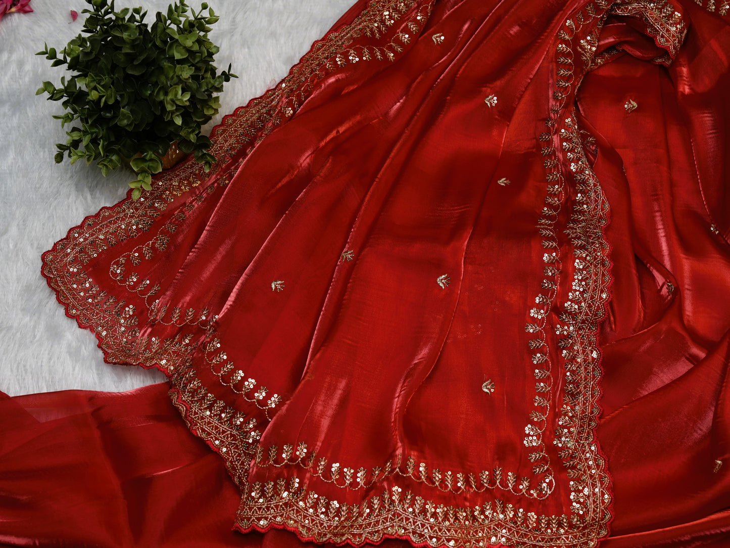 Red soft silk tissue with embroidered blouse