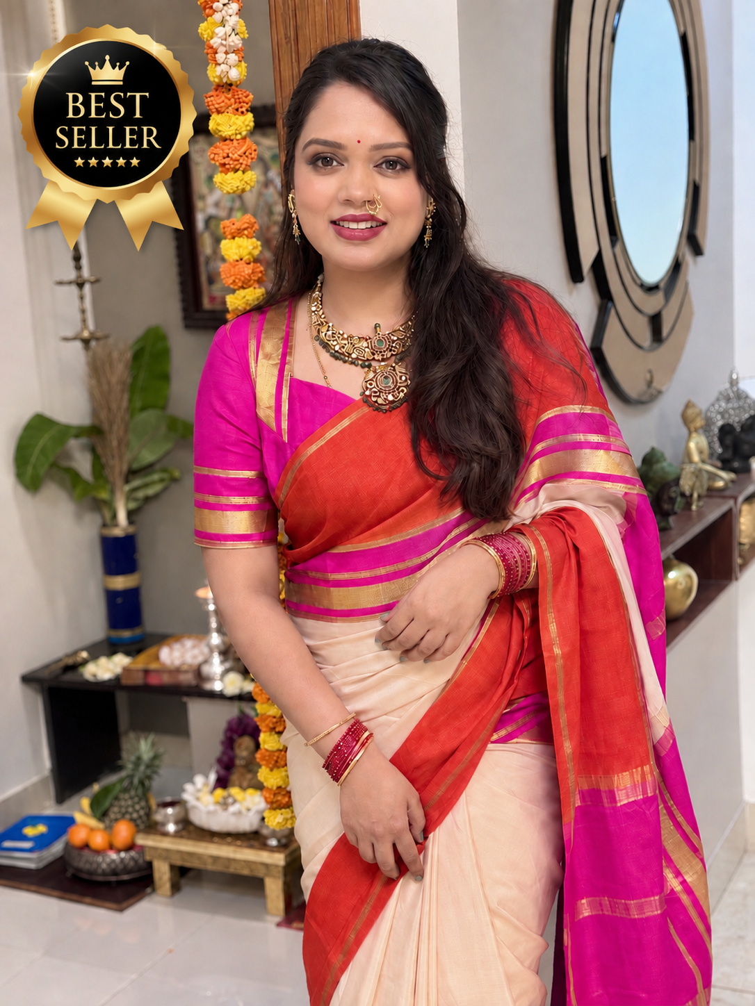 Orange pink and white Pure Mysore silk saree
