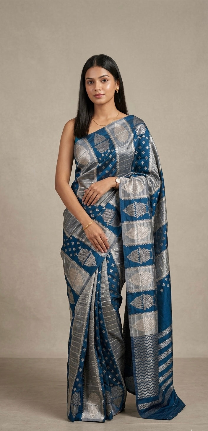 Silver and Blue Banarasi Saree