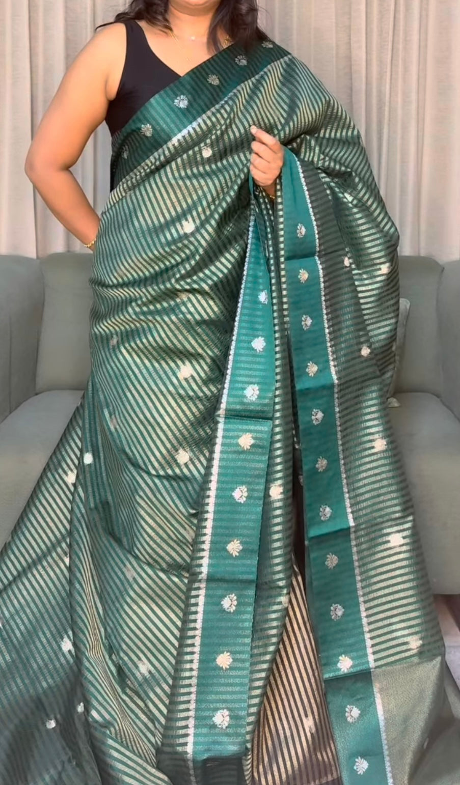 Green and gold stripe Banarasi Dupion saree