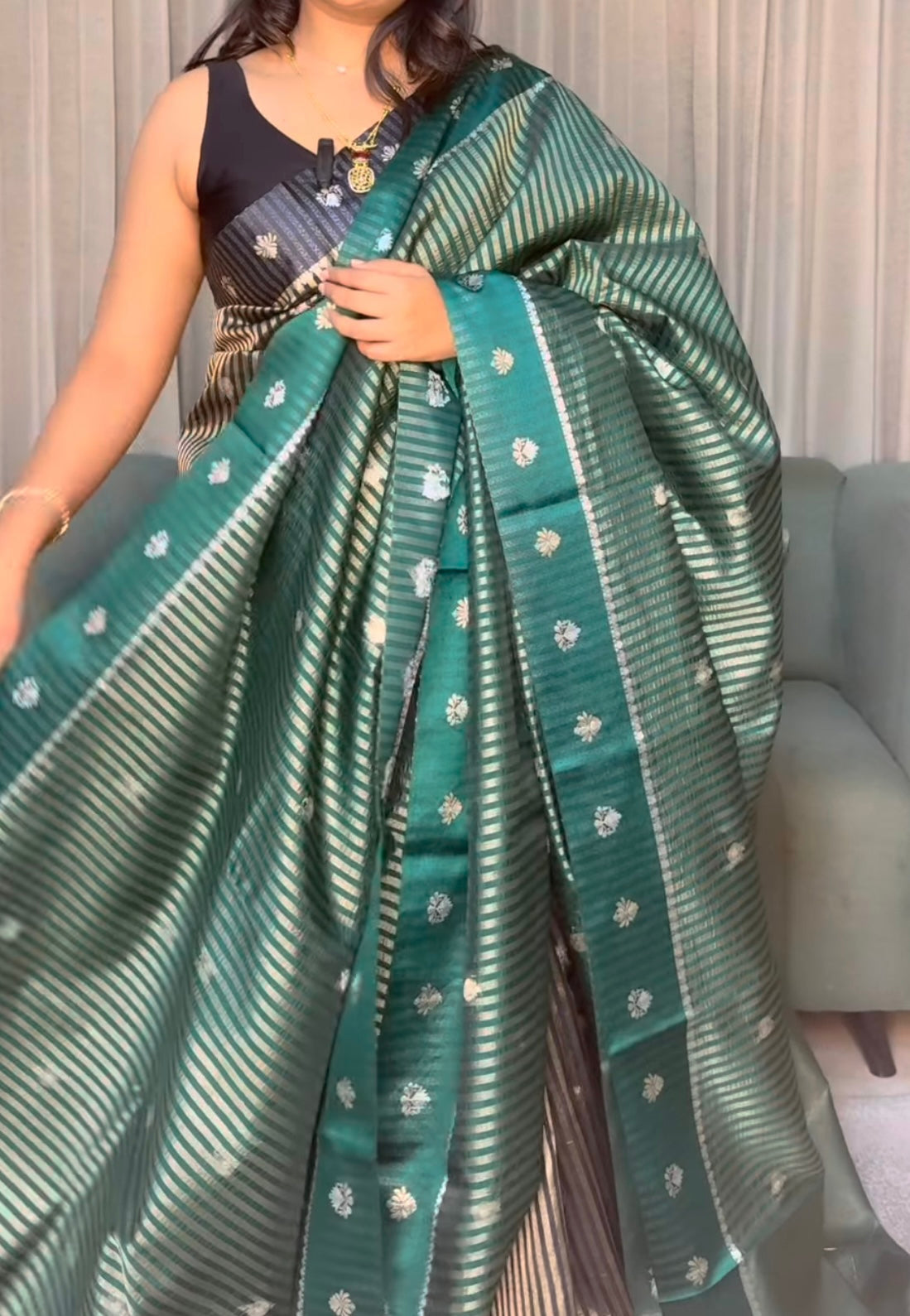Green and gold stripe Banarasi Dupion saree