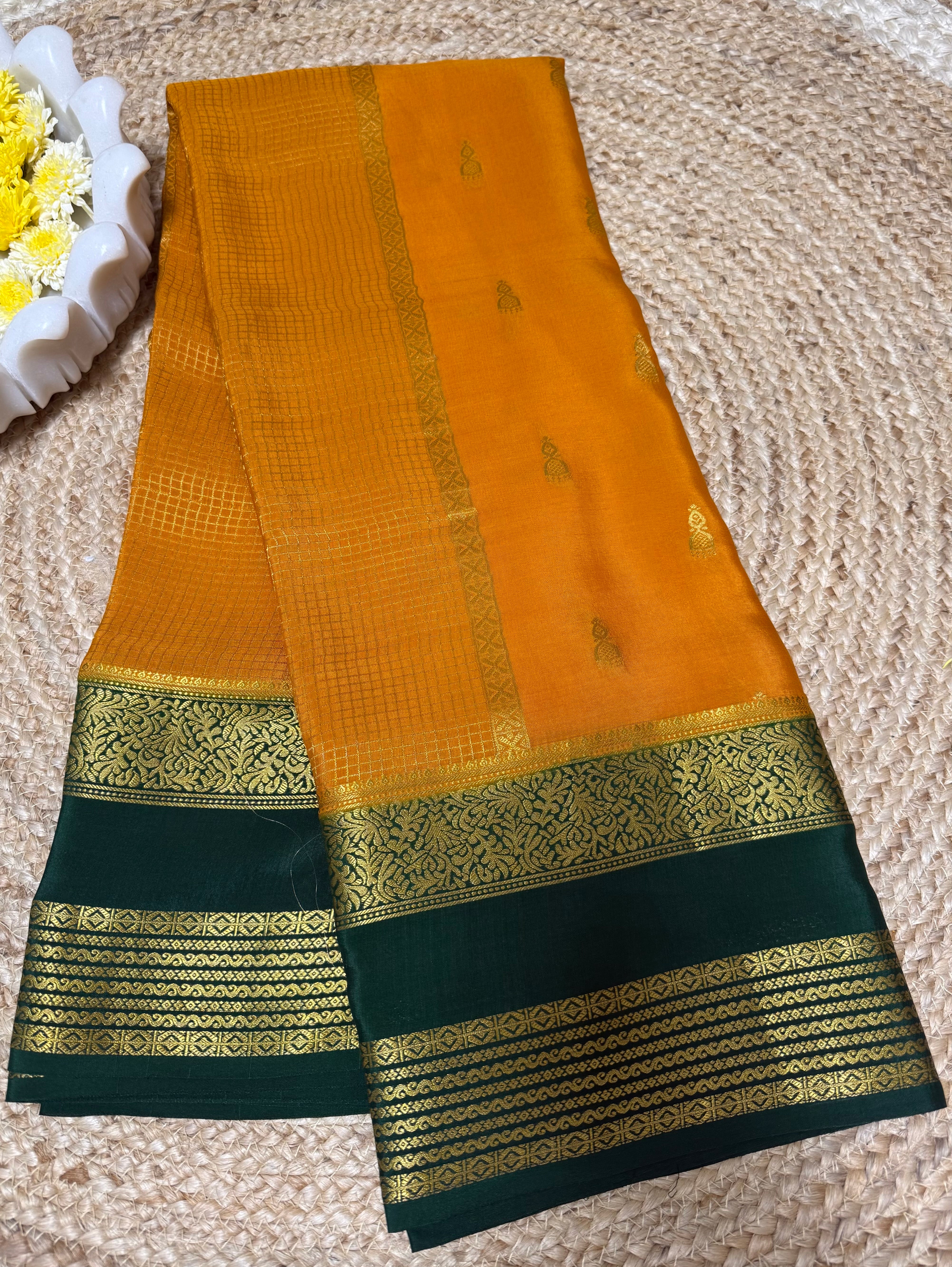 Yellow jumka Butta n bentex border Pure Mysore Silk Saree