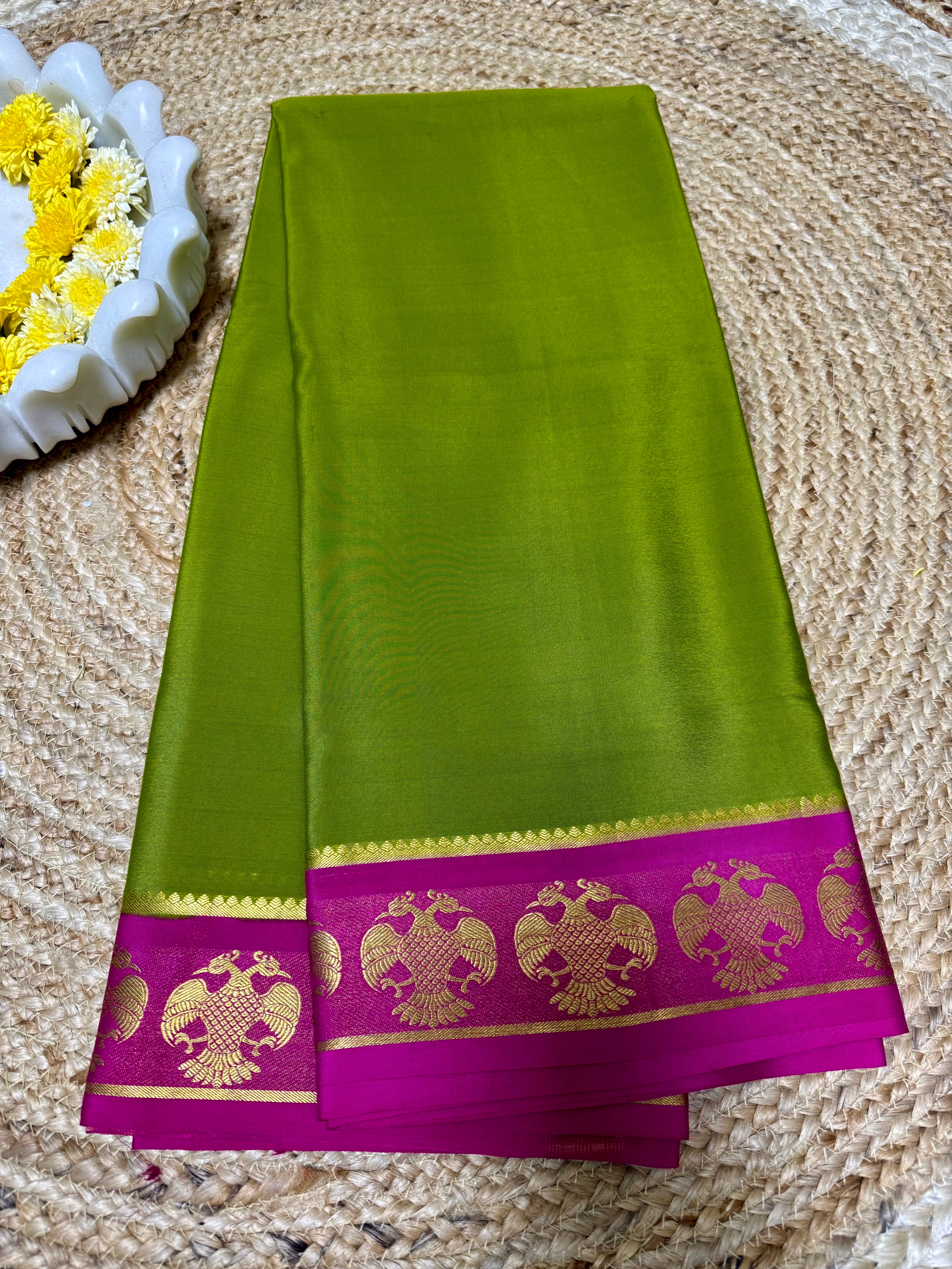 Green and Pink Pure Mysore Silk with Ganda Berunda Border