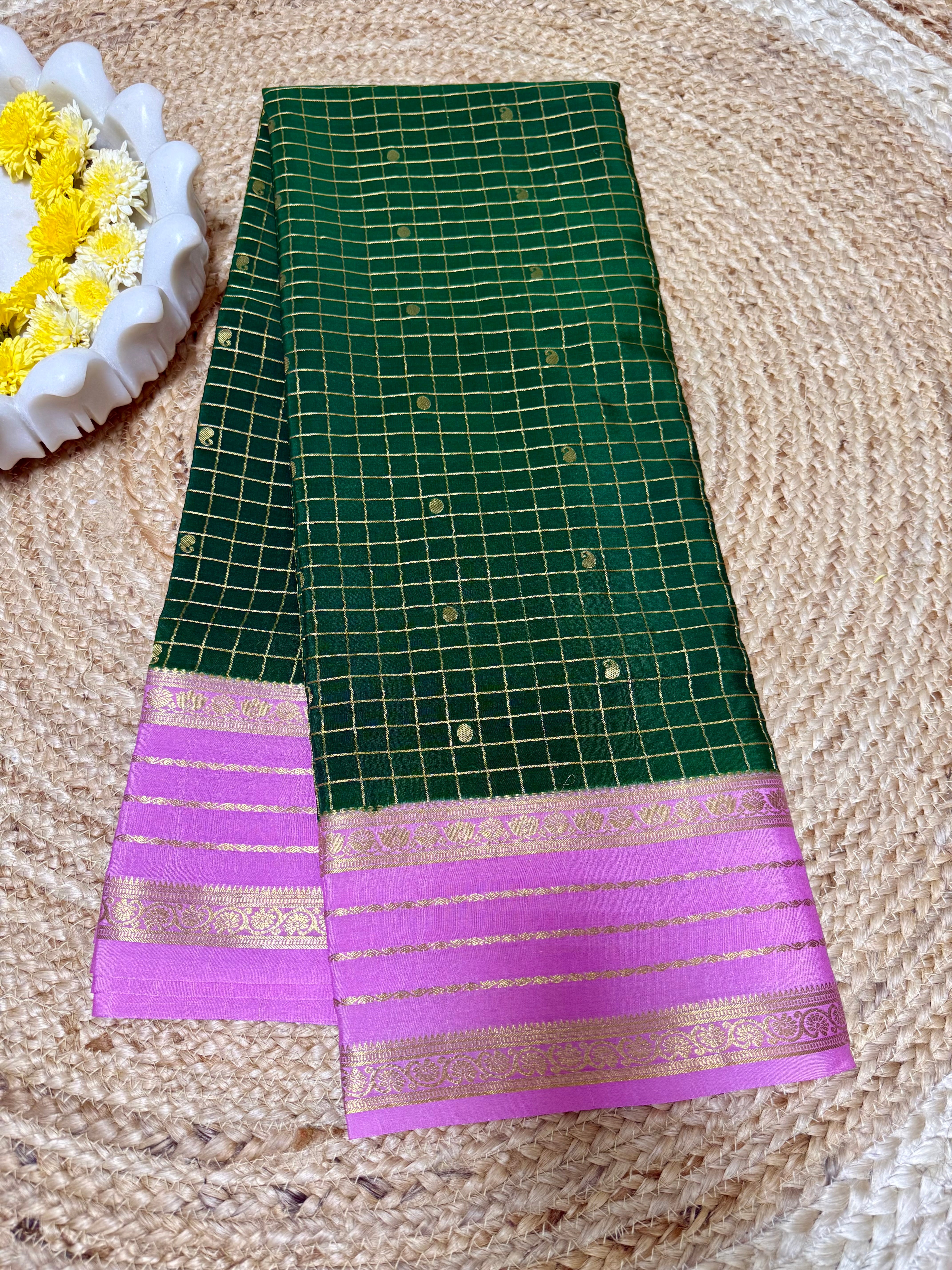 Green and Lotus pink Pure Mysore Silk Saree