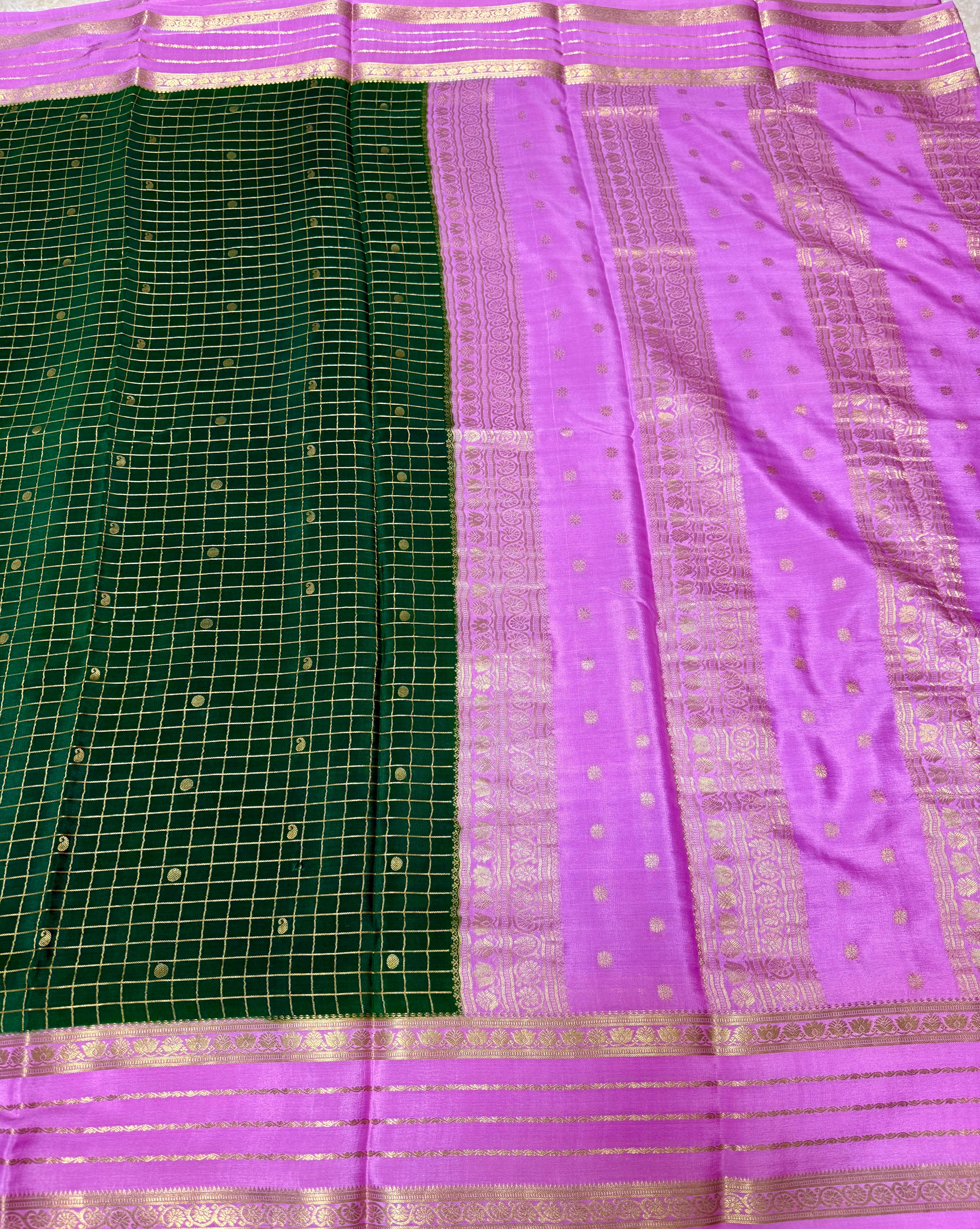 Green and Lotus pink Pure Mysore Silk Saree