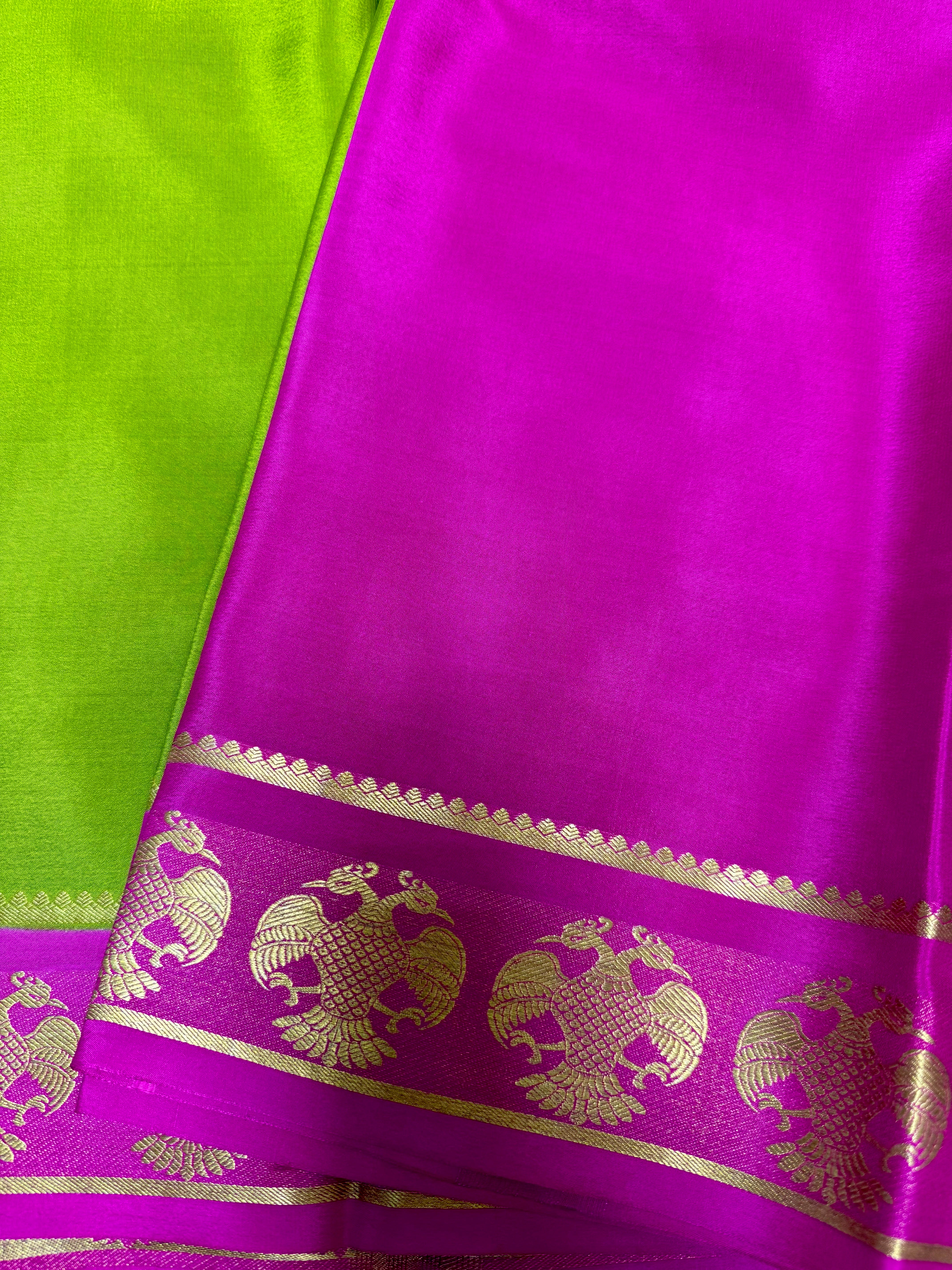 Green and Pink Pure Mysore Silk with Ganda Berunda Border