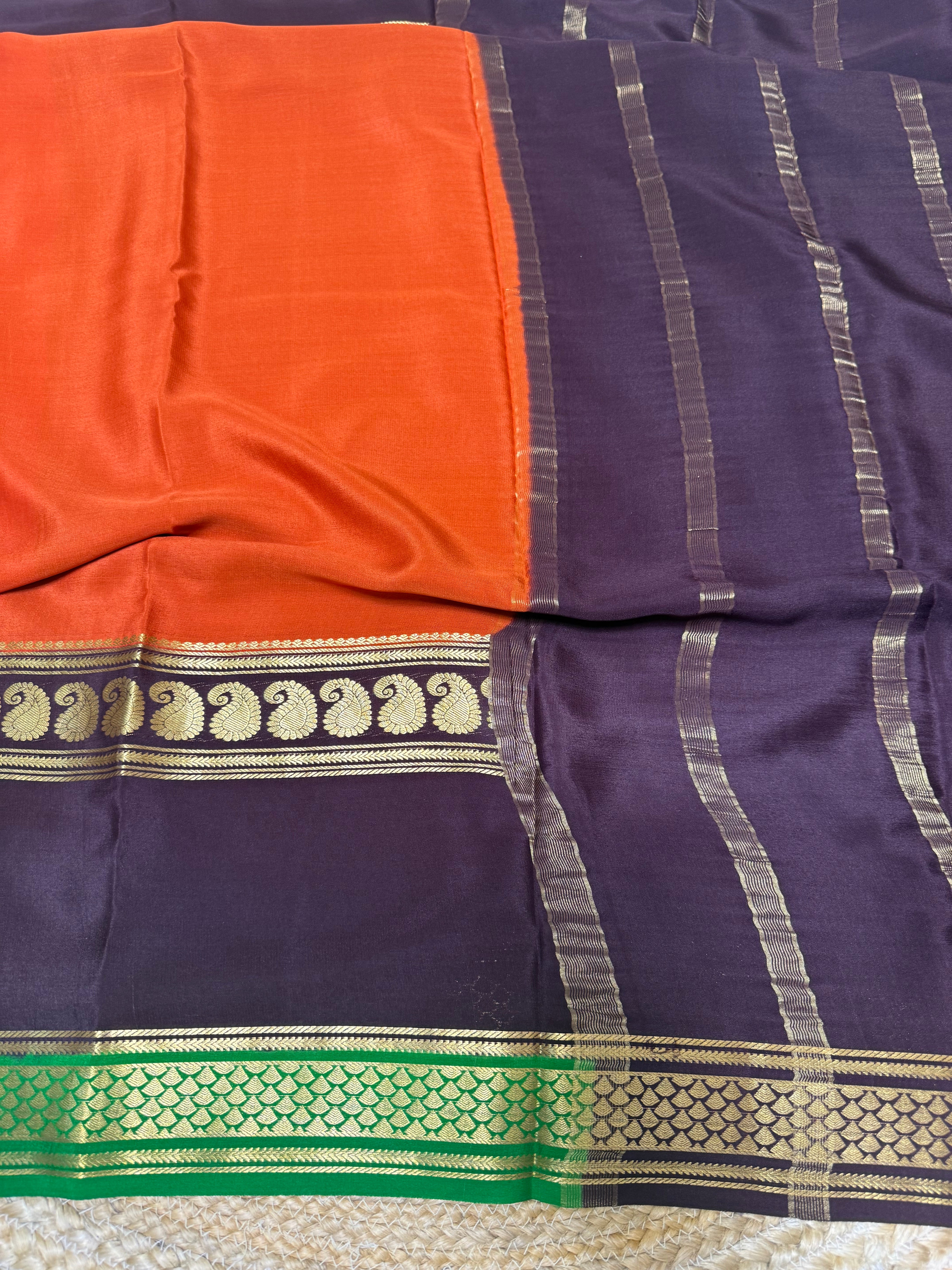 Brick Orange and Brown Pure Mysore Silk