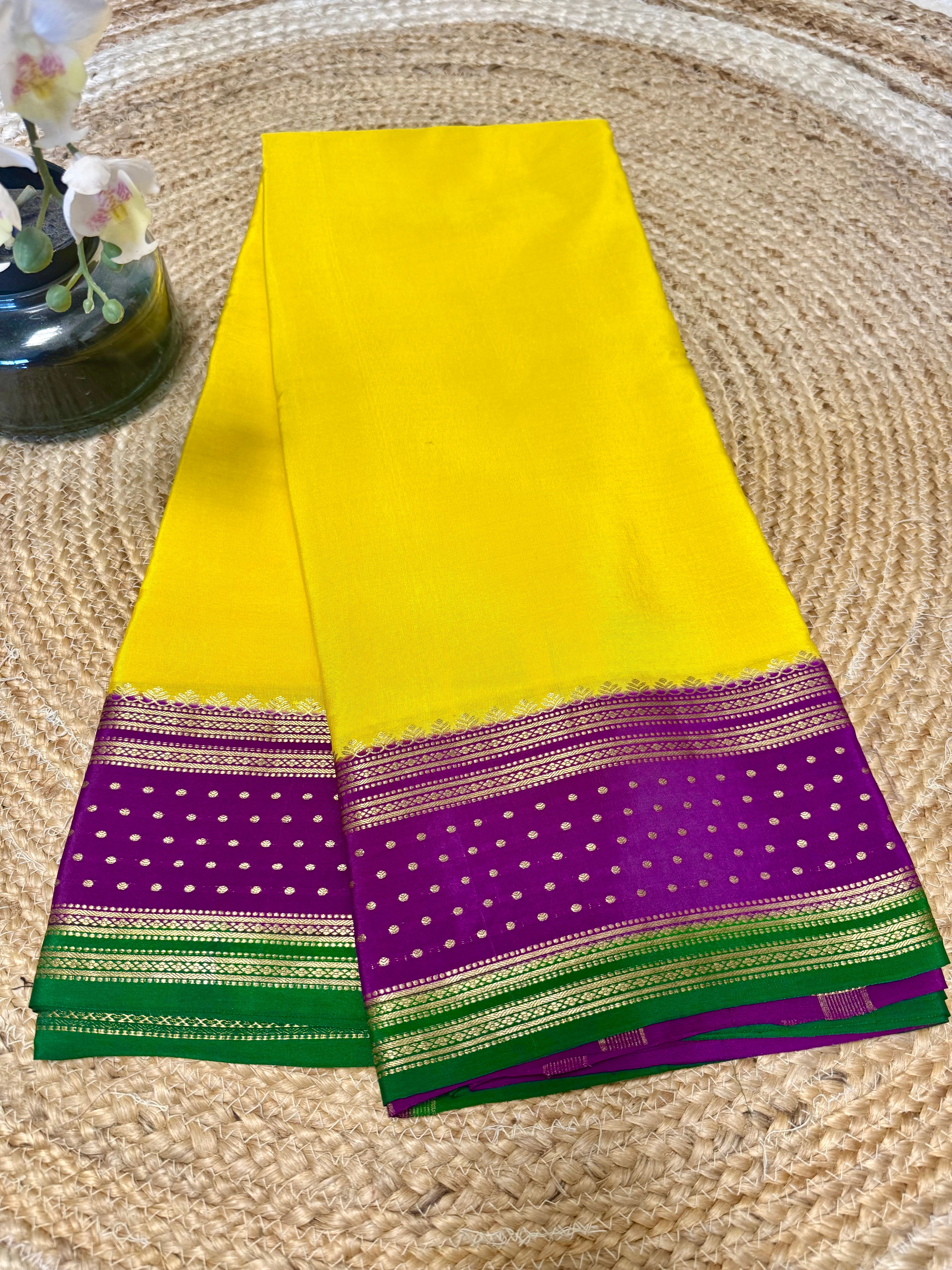 3D yellow Pure Mysore silk saree