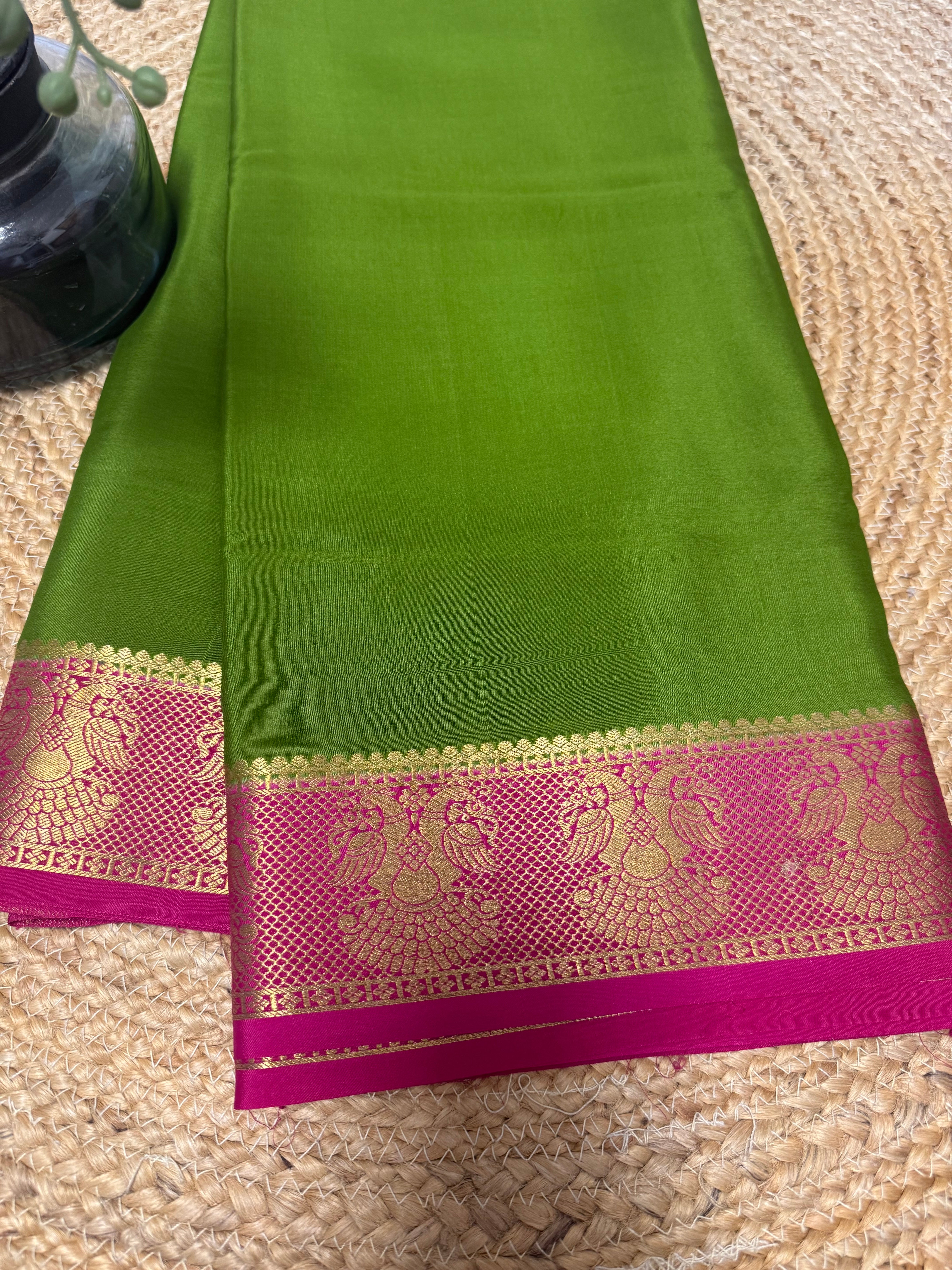 Green and pink Gandaberunda border Pure Mysore Silk saree