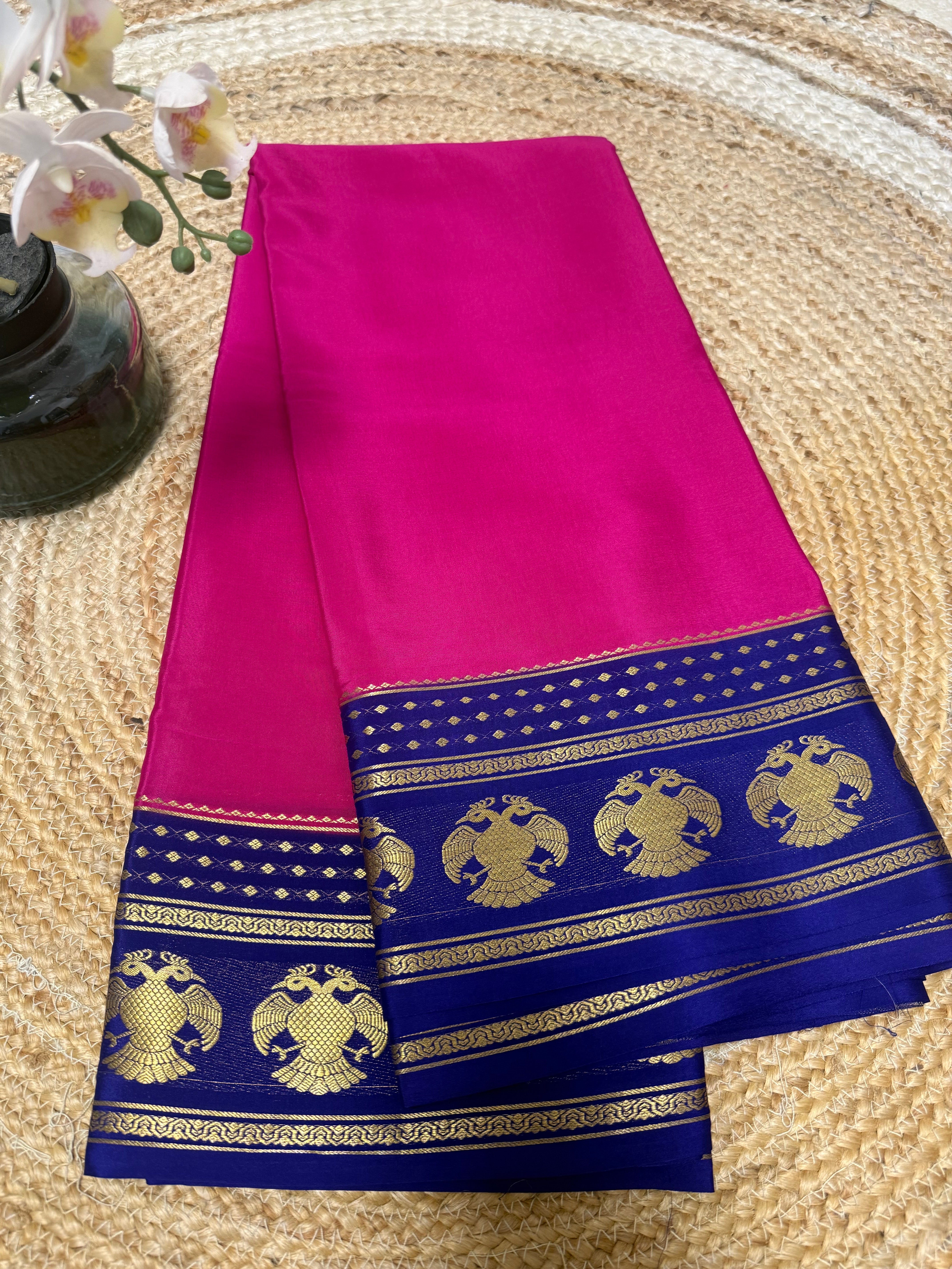 Pink and Blue Pure Mysore Silk saree with Gandaberunda border