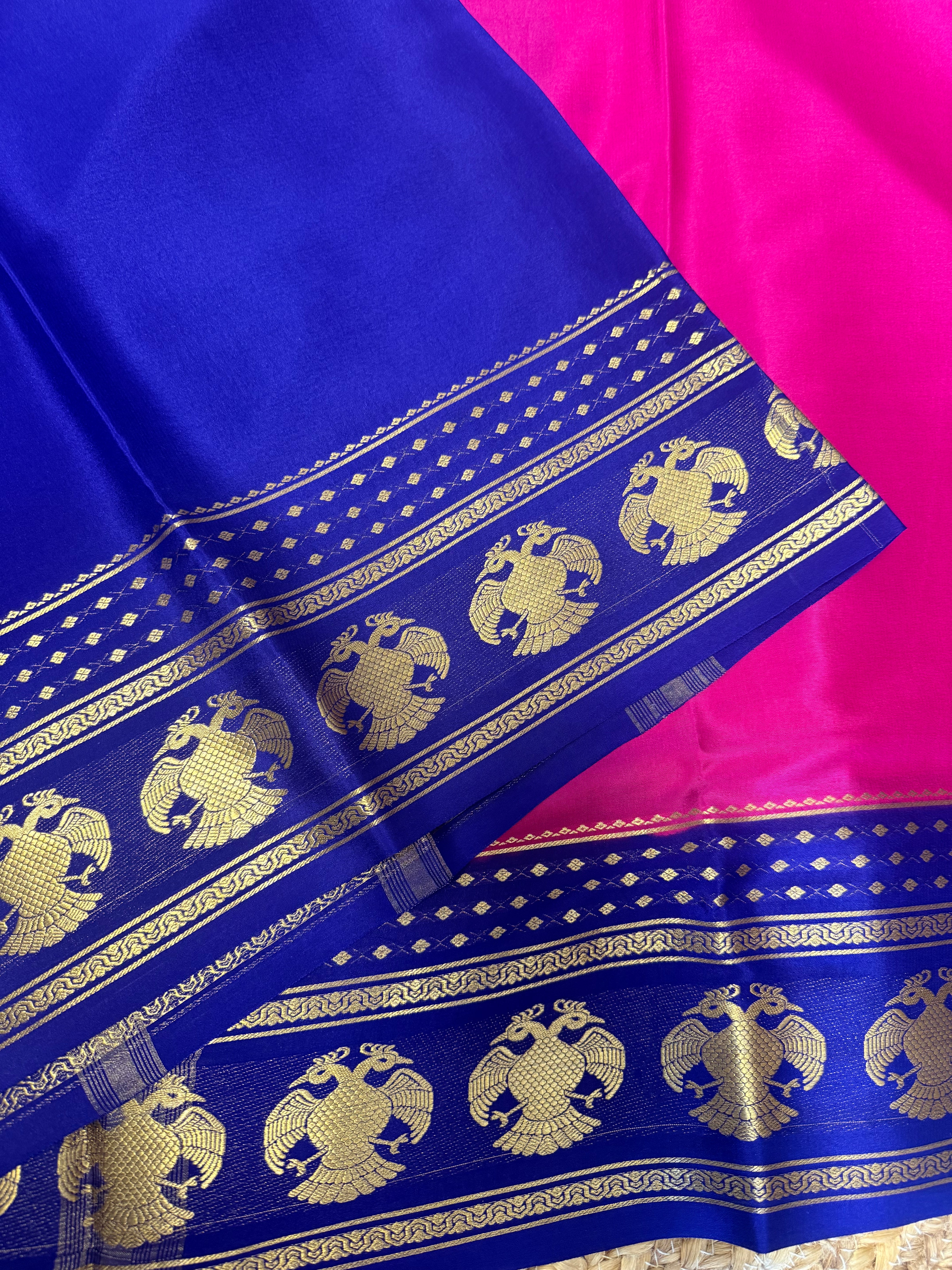 Pink and Blue Pure Mysore Silk saree with Gandaberunda border