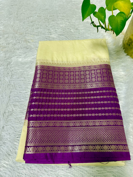 Cream white N Purple Semi silk saree