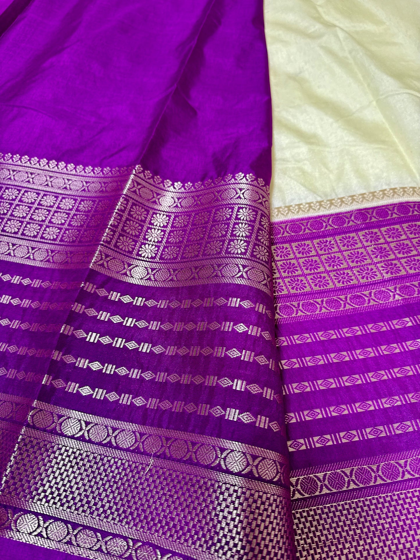 Cream white N Purple Semi silk saree