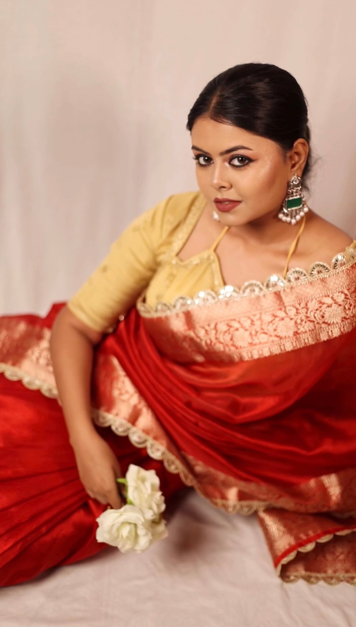Red Banarasi saree with lace