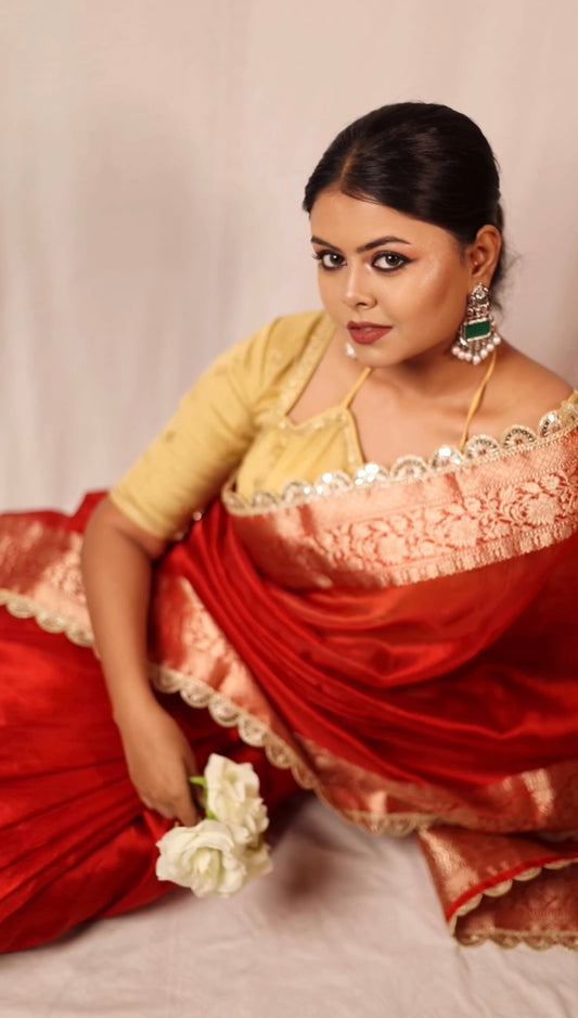 Red Banarasi saree with lace