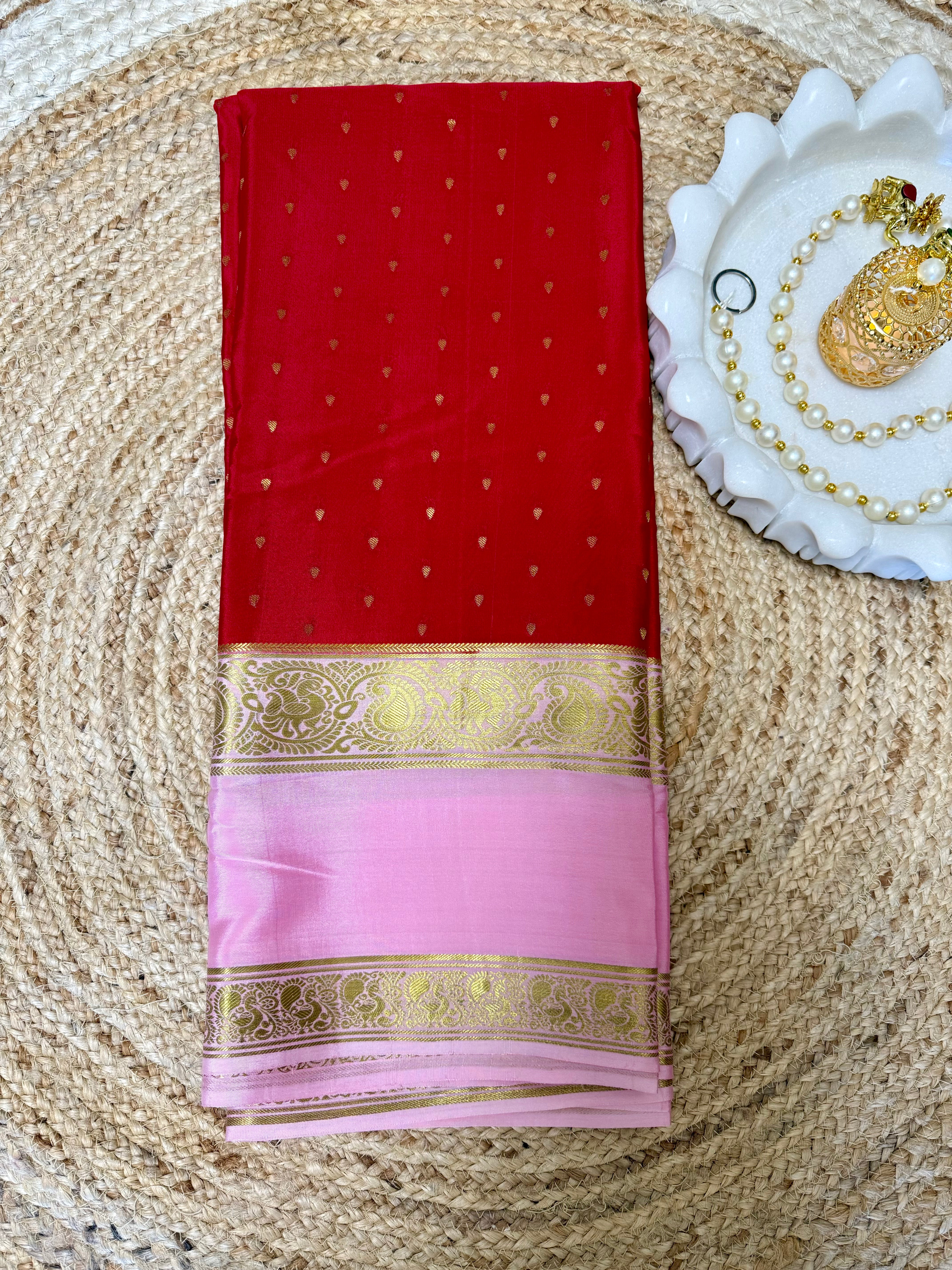 Red Lotus pink Small butta Pure Mysore Silk Saree