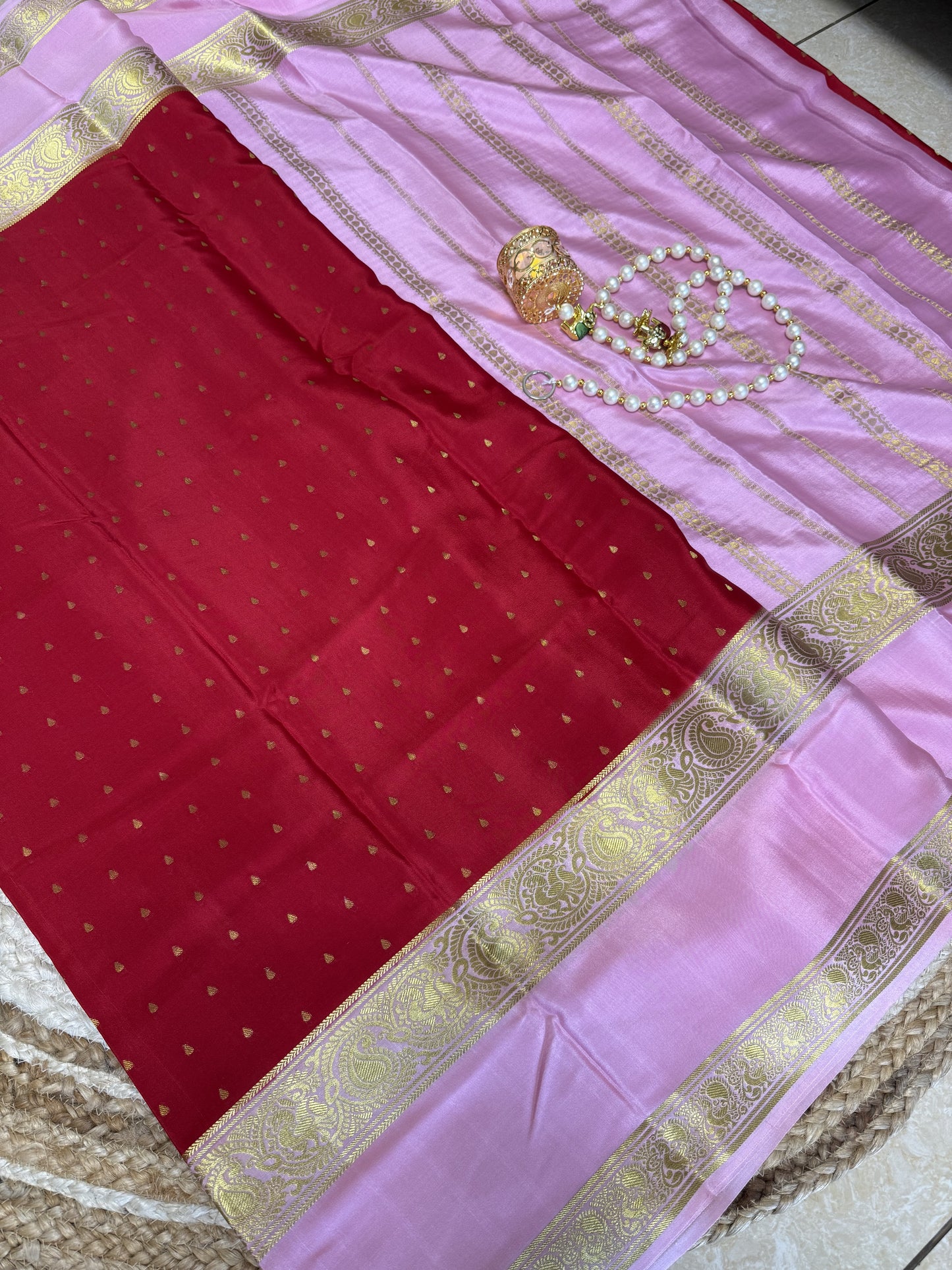 Red Lotus pink Small butta Pure Mysore Silk Saree