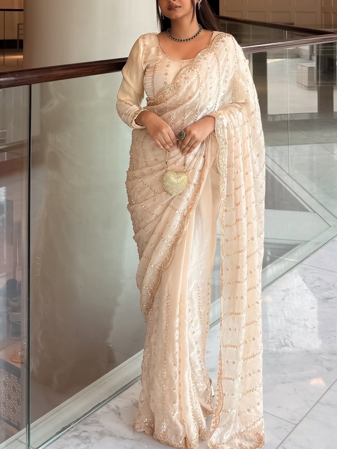 Ivory Glow gold bead embroidered Saree