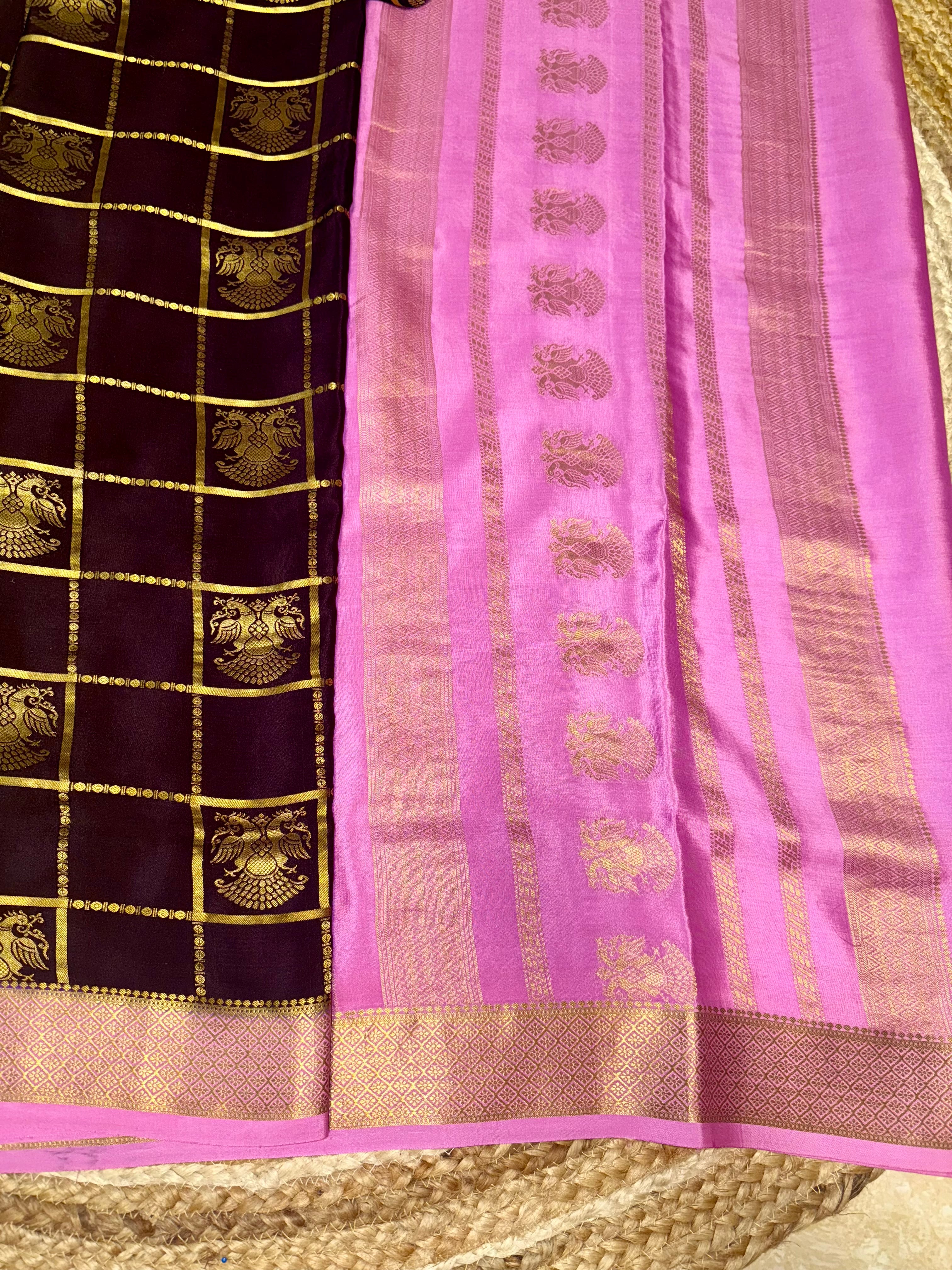 Brown and pink pure Mysore silk saree