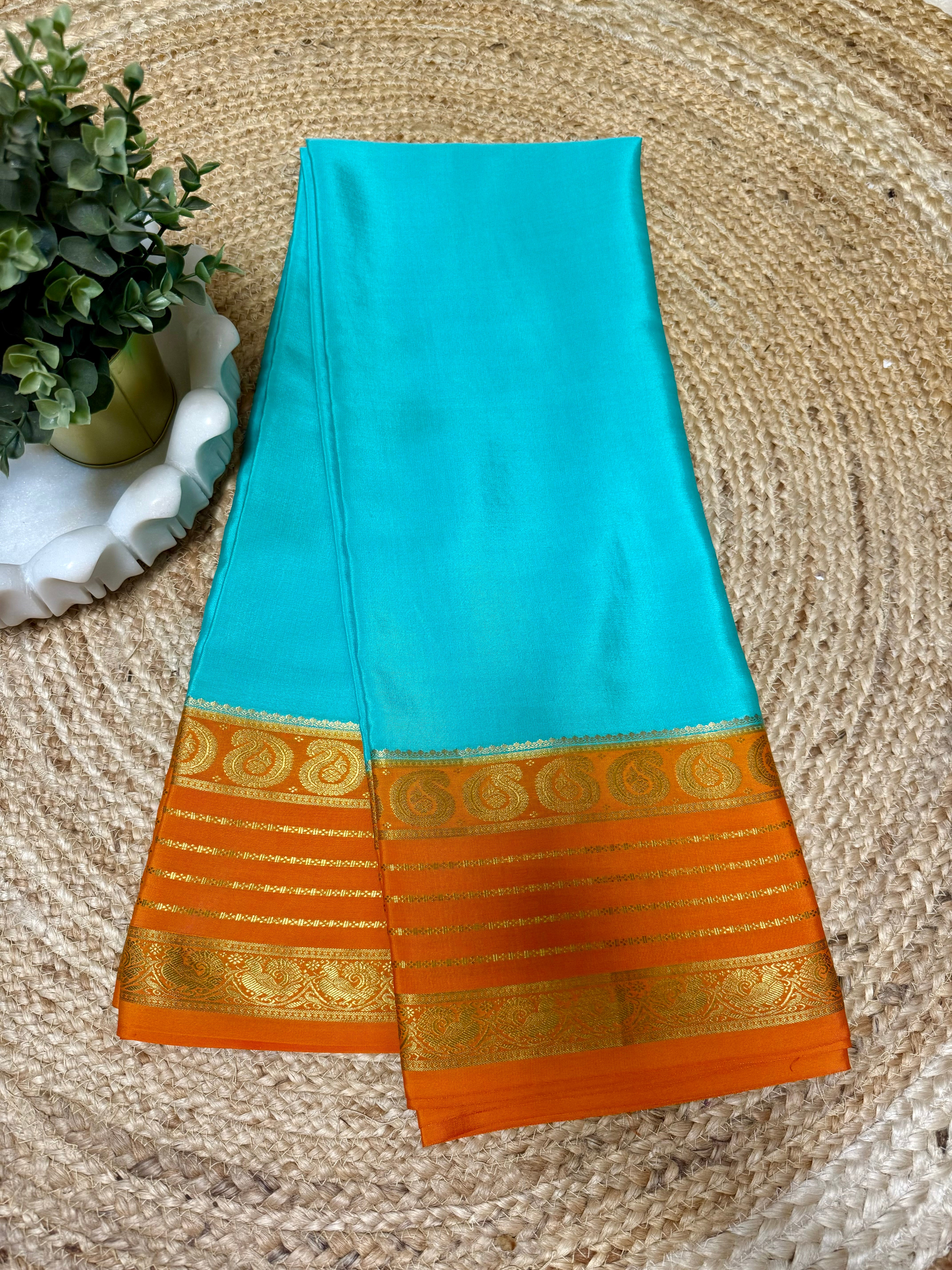 Blue and Orange Pure Mysore Silk