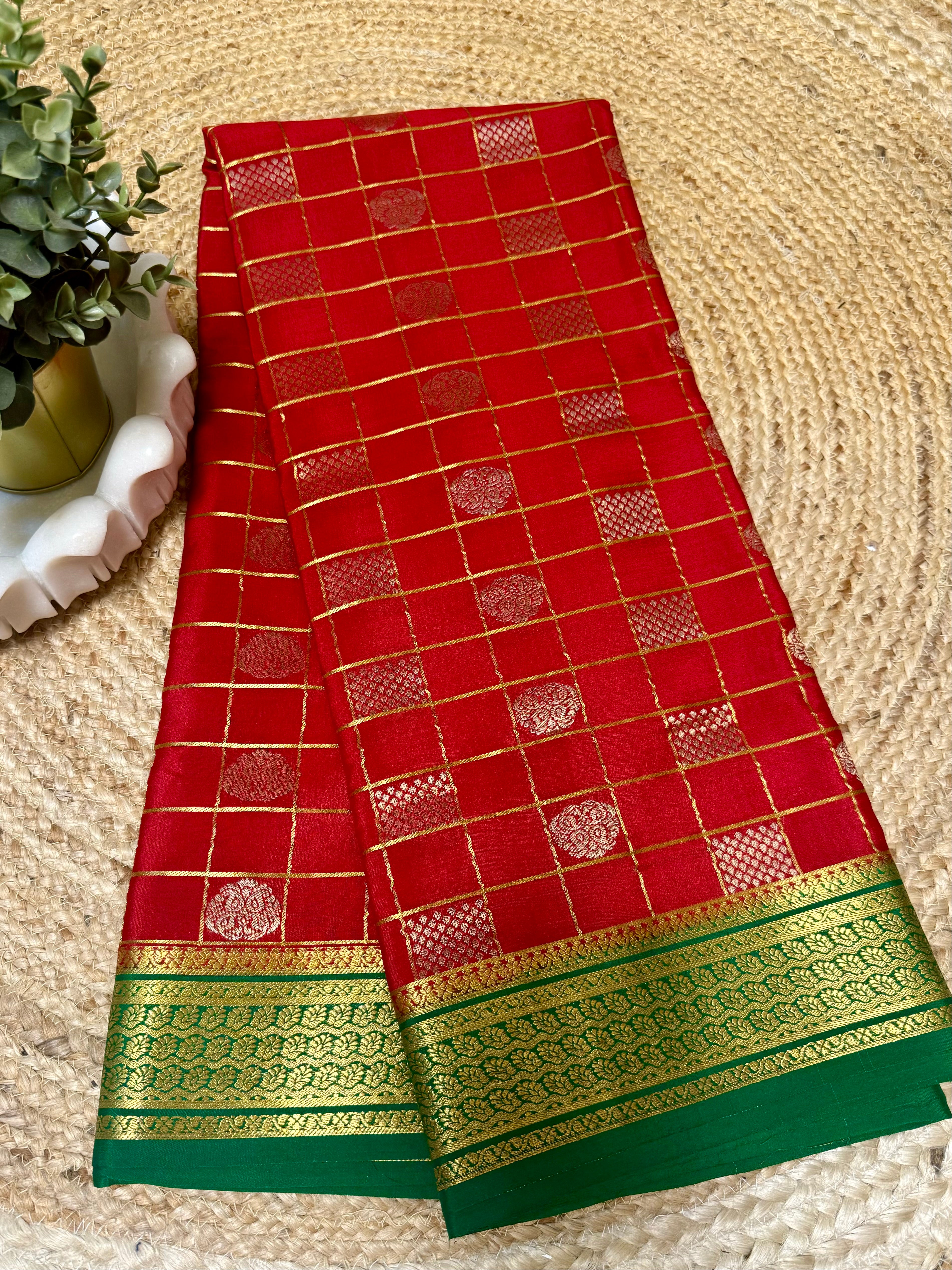 Red And Green Pure Mysore silk saree