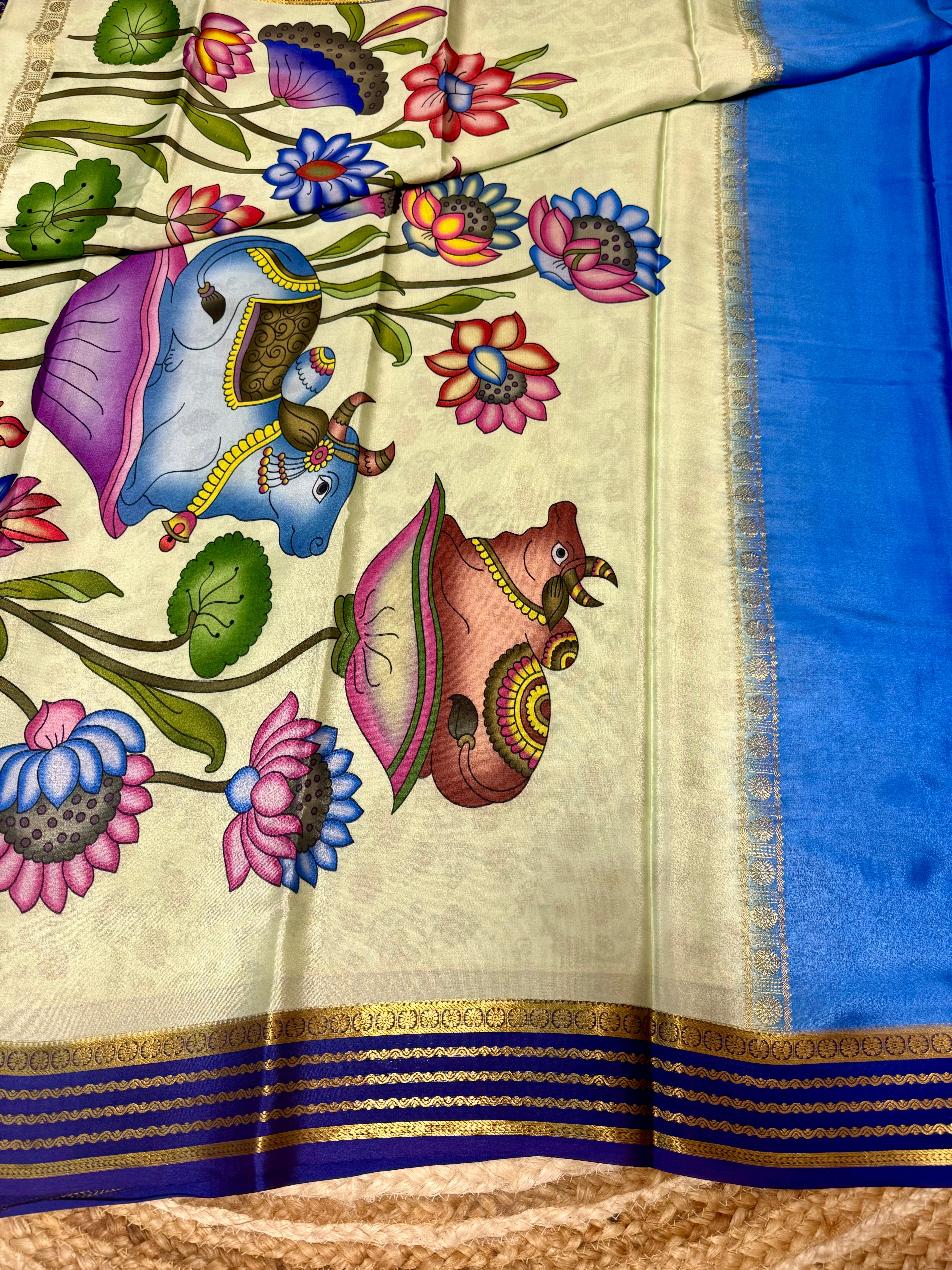 Blue Pure Mysore silk saree with digital print