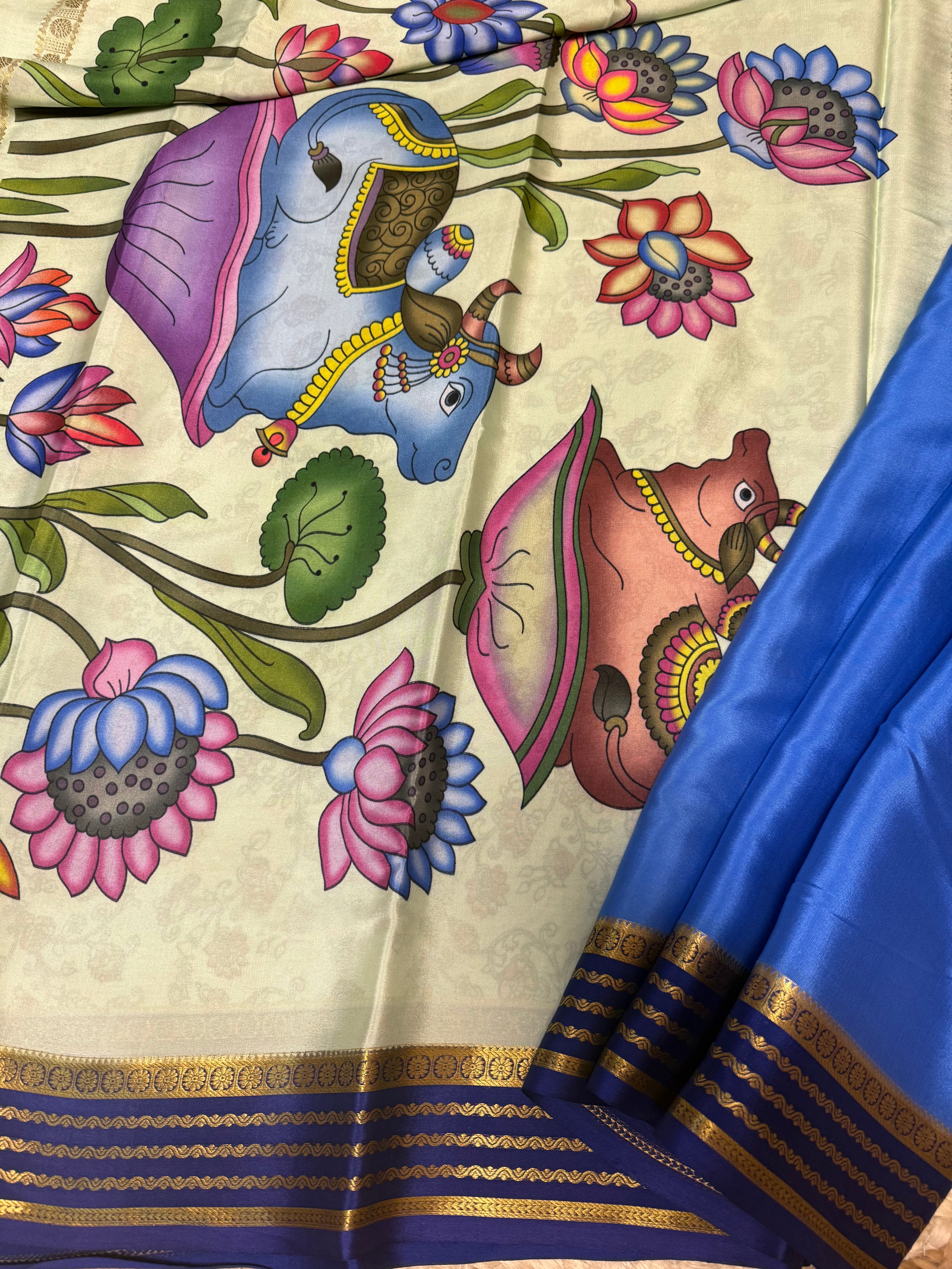 Blue Pure Mysore silk saree with digital print