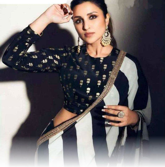 Celebrity Inspired Georgette Saree in black and white stripes