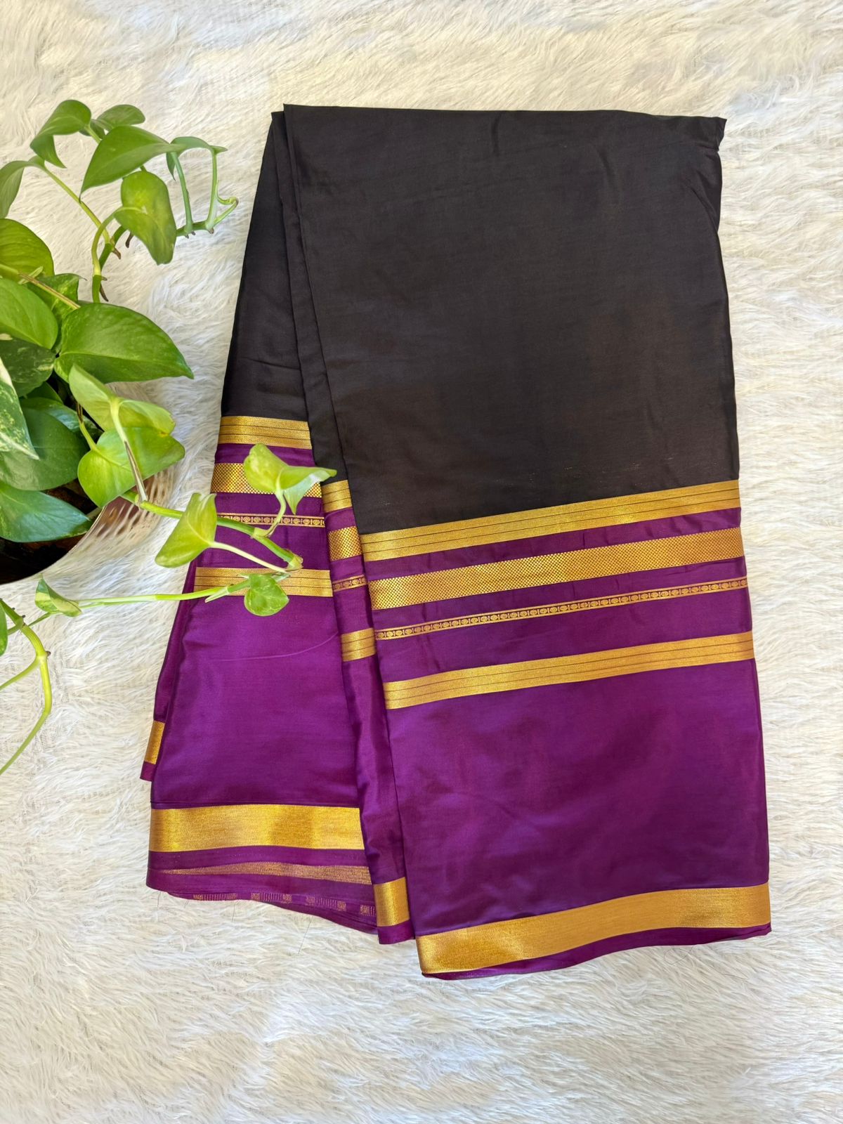 Semi Mysore Crepe silk Black with Purple boarder