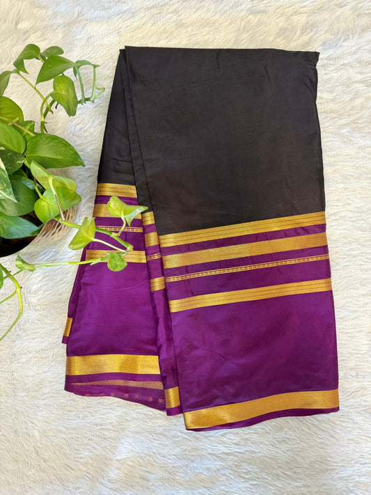 Semi Mysore Crepe silk Black with Purple boarder