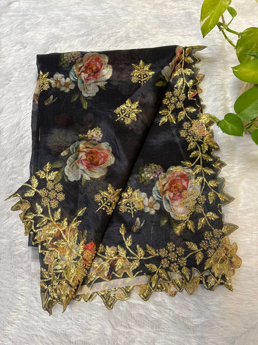 Floral Black Embroidery Cut Work with pearl Saree