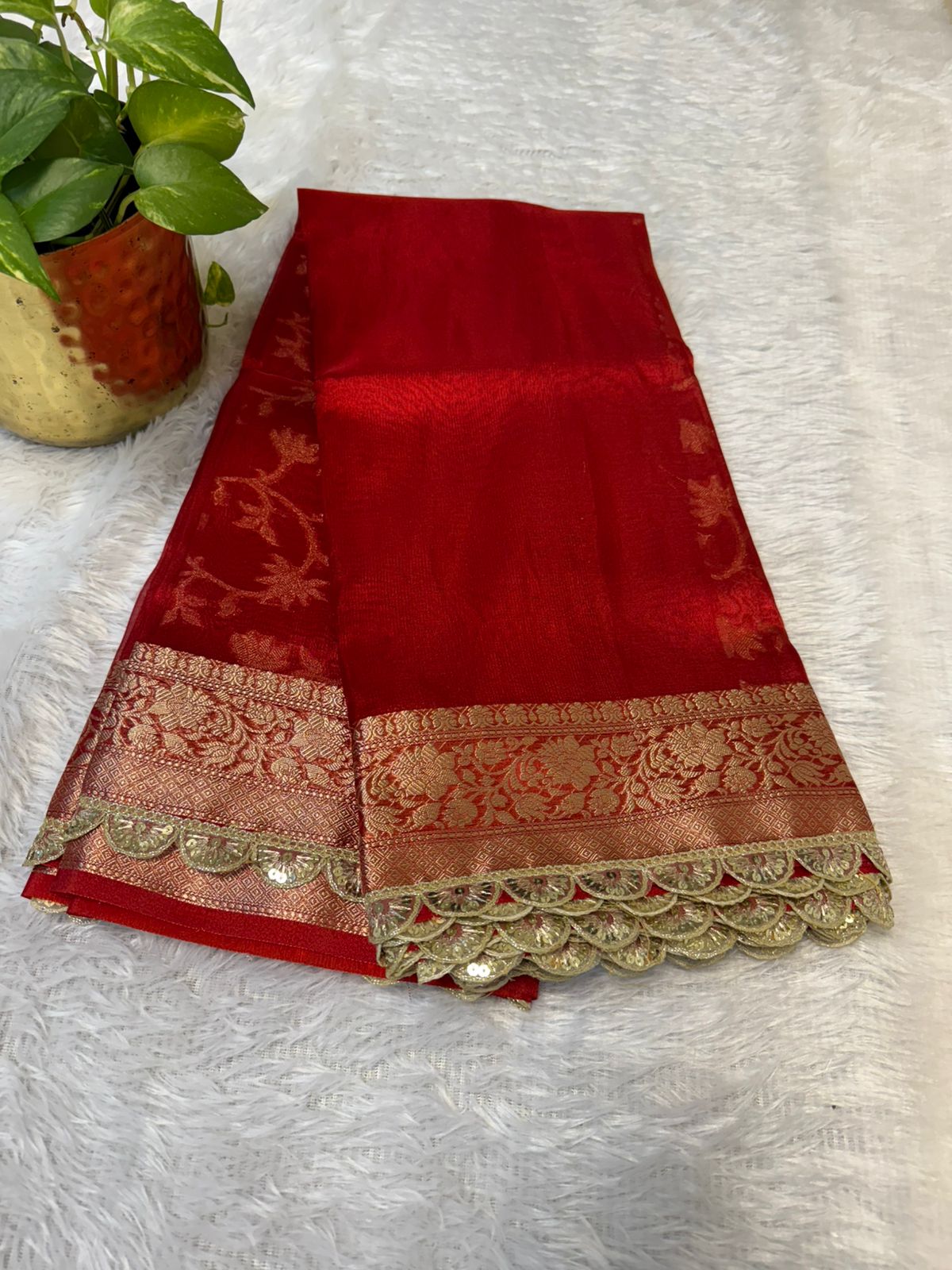 Red Banarasi saree with lace