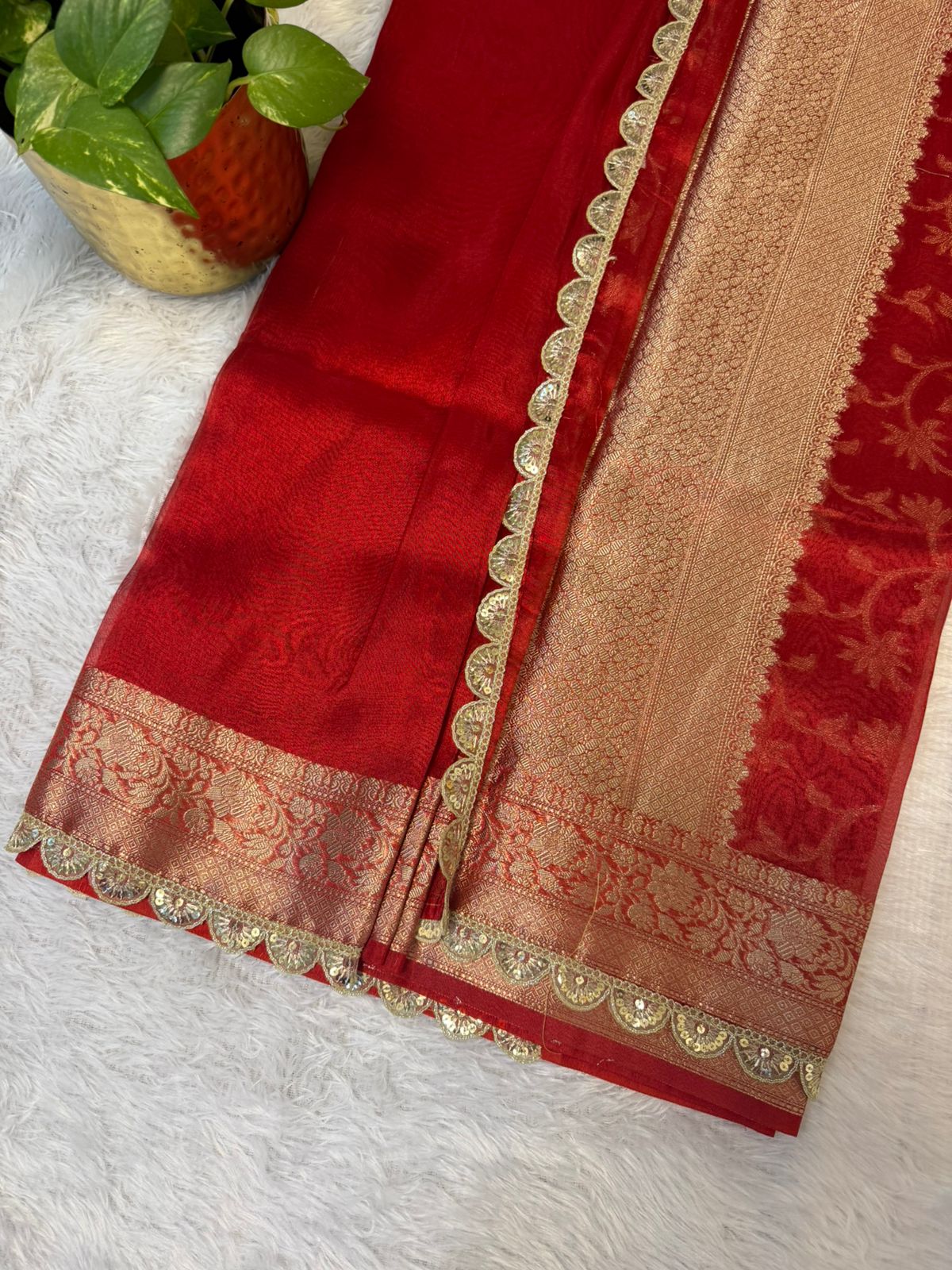 Red Banarasi saree with lace