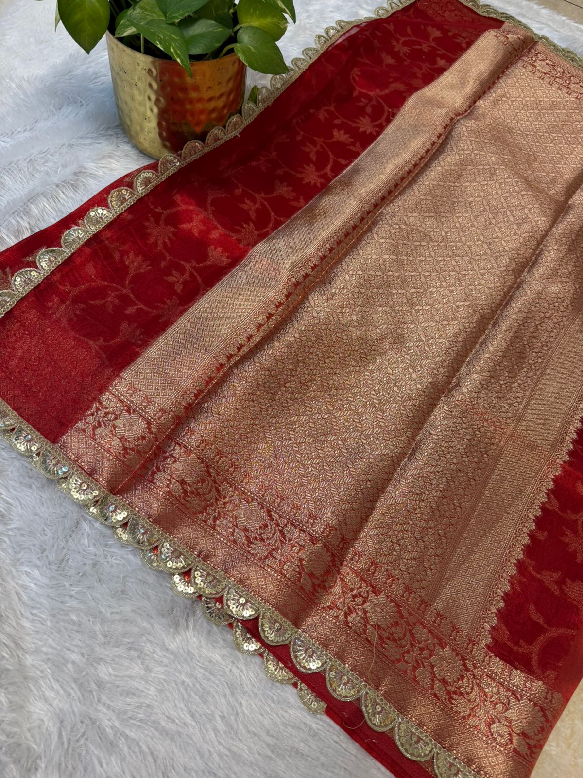 Red Banarasi saree with lace