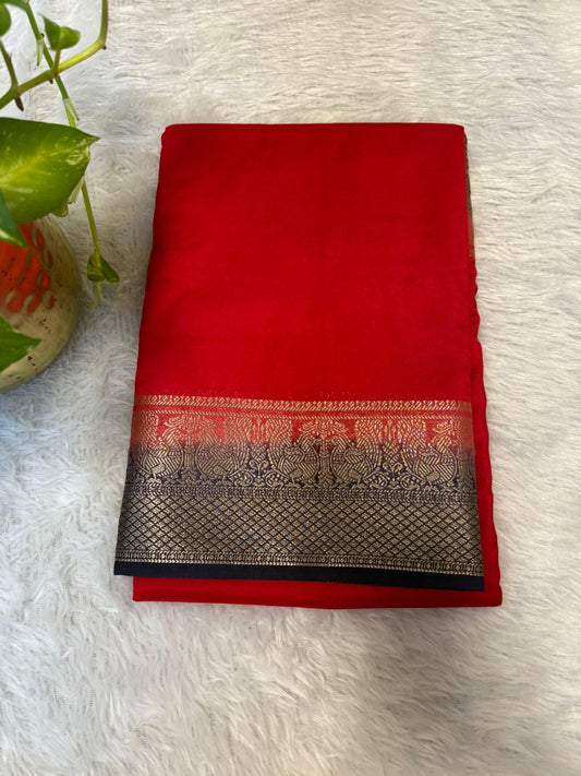 Semi Crepe silk with Peacock boarder in Red and Navy blue
