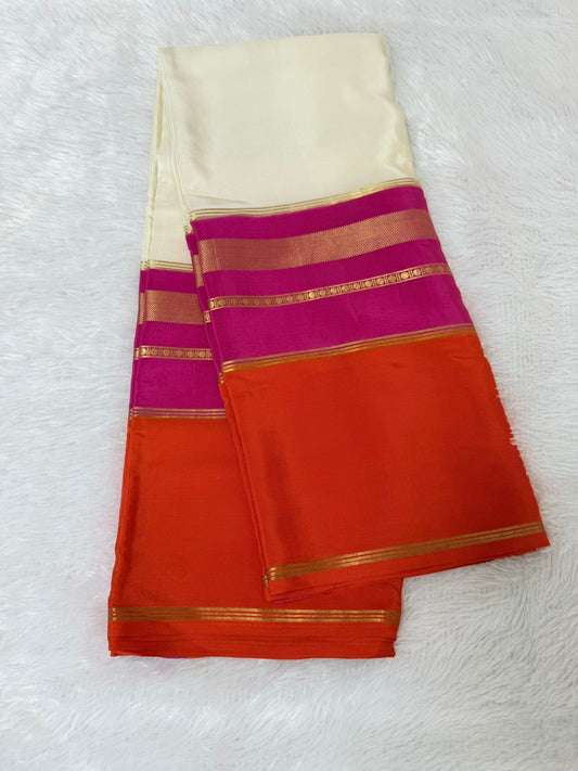 orange + pink and white Pure Mysore silk  saree