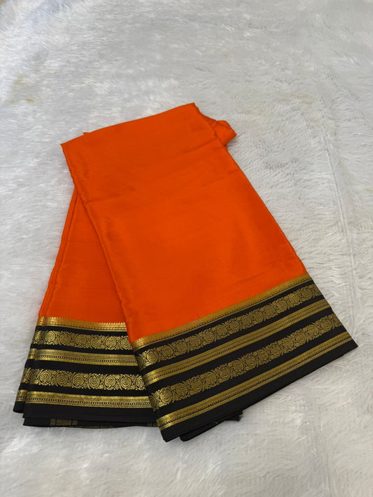 saffron with black Pure Mysore Silk Saree