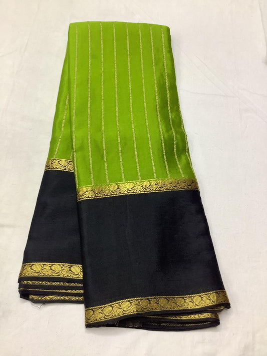 Lime Green with Black Wrinkle Mysore silk Saree