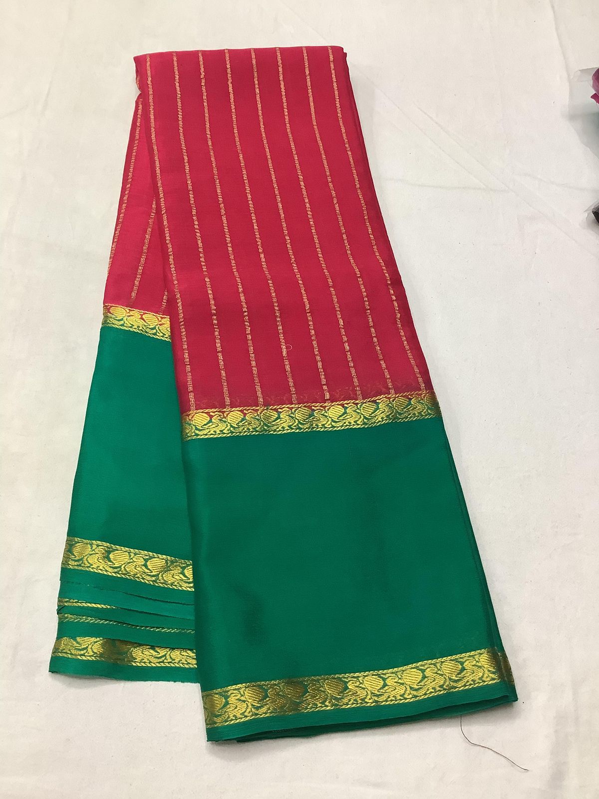 Rani Pink with Green Wrinkle Mysore silk