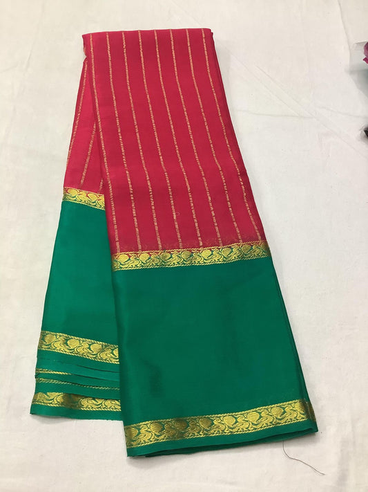 Rani Pink with Green Wrinkle Mysore silk