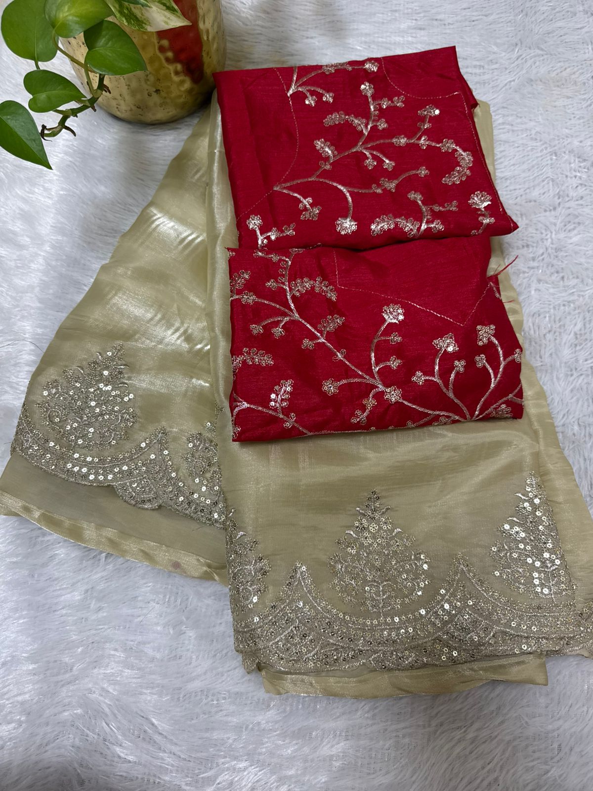 Cream N Red Party wear saree