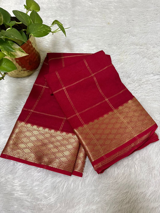 Red N Gold Check pattern Semi Silk