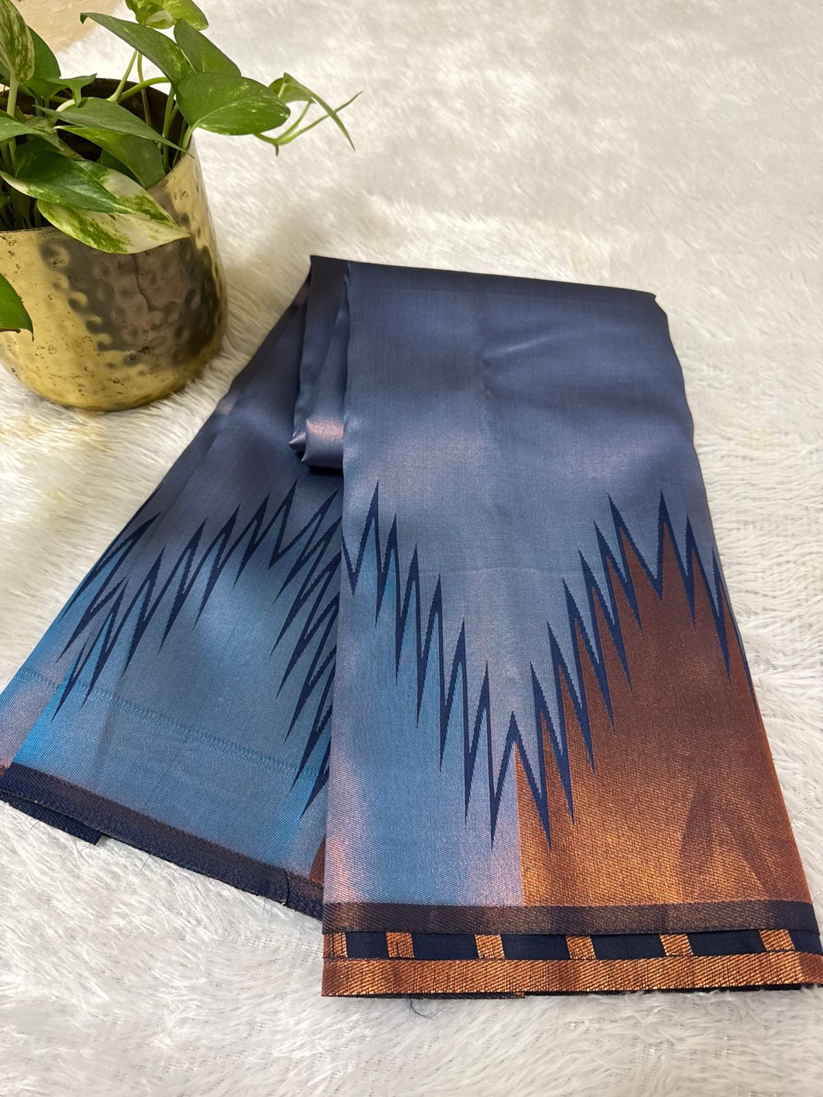 Temple Bordered Semi silk in Blue