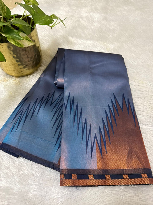 Temple Bordered Semi silk in Blue