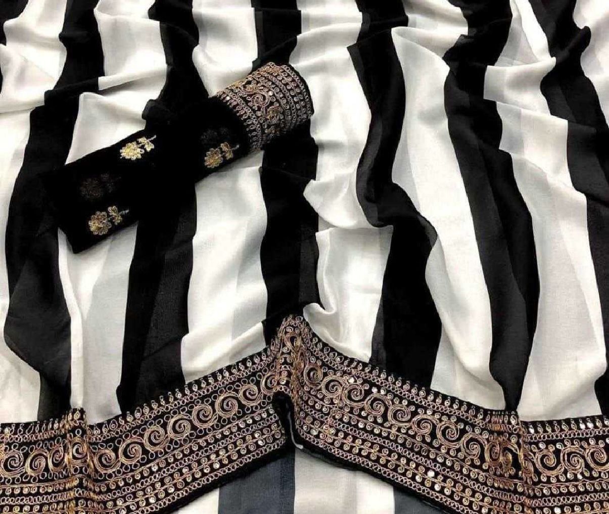 Celebrity Inspired Georgette Saree in black and white stripes